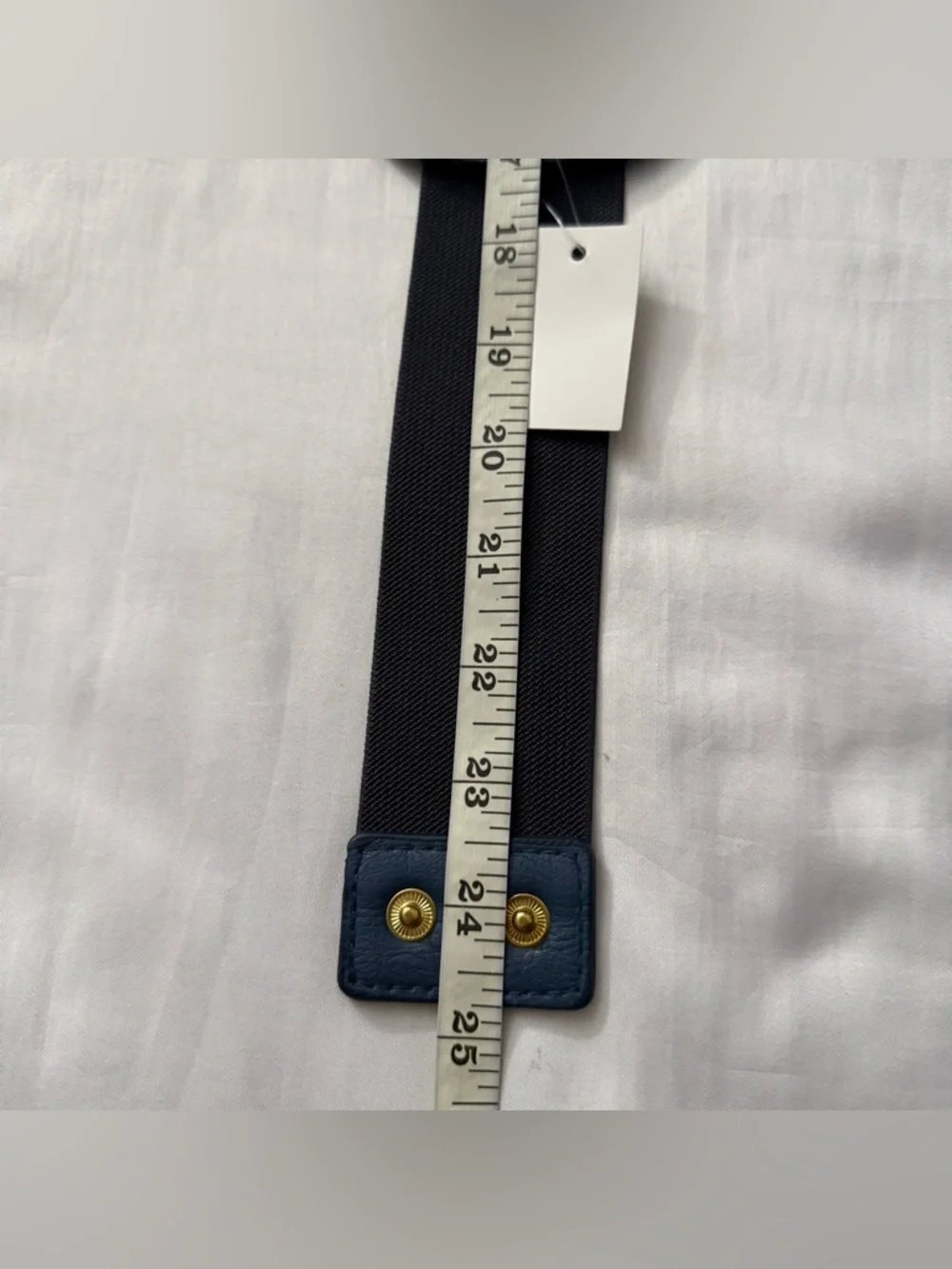Navy blue wide PU leather elastic waistband belt with gold tone grommet
